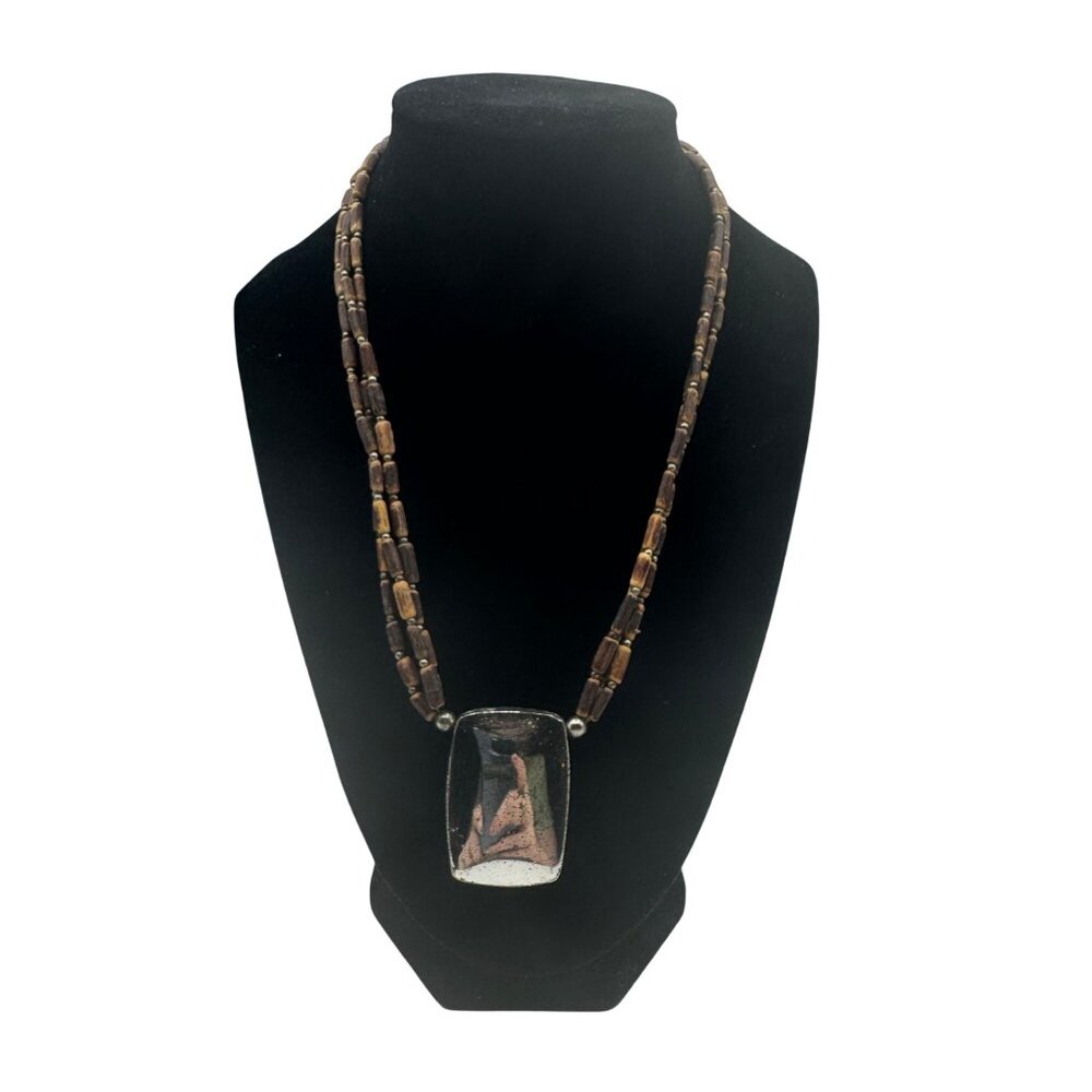 Cookie Lee Beaded Necklace With Silver Tone Rectangular Pendant